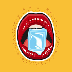 illustration of lips biting an ice cube. Isolated on orange background