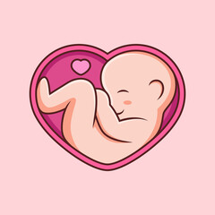 Illustration of Baby in a Belly with Cute Pose and Love. Isolated on Pink Background