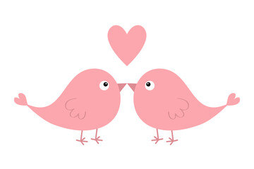 Two pink bird couple. Cute heart. Love Greeting card. Happy Valentines Day. Sticker print. Cartoon kawaii funny baby character. Flat design. White background. Isolated.