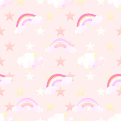 Fototapeta na wymiar Seamless pattern cute rainbow and clouds. Kids playroom wallpaper. 3d render picture.