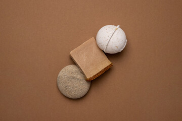 Various spa and beauty threatment products on brown background, eco handmade soup and Vanilla aroma...