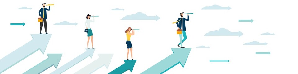 Leadership in business concept. Search for opportunities. Way to success. Businessmen standing on the flying arrows. Arrow. Achievement of the goal. motivation. Vector illustration.