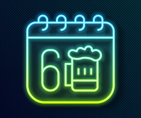 Glowing neon line Saint Patricks day with calendar icon isolated on black background. Four leaf clover symbol. Date 17 March. Vector.