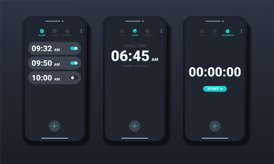 Mobile phone watch widget interfaces.  Clock user interface. Alarm stopwatch timer. Illustration vector - obrazy, fototapety, plakaty