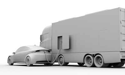 Clay rendering of electric car charging from a power supply truck. Mobile charging station concept. 3D rendering image.