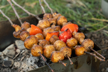 Skewers of mushrooms are baked on the grill. Vegetarian picnic in nature.