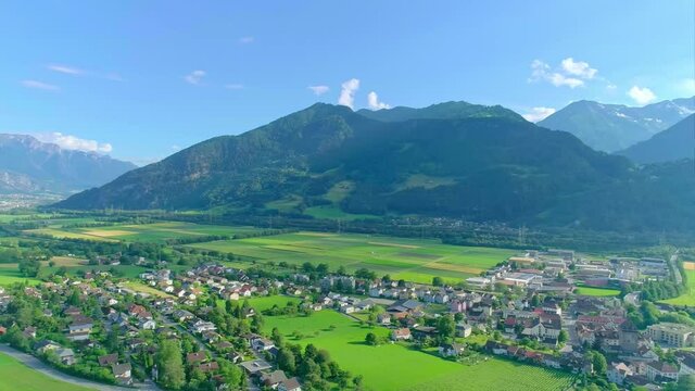 Aerial and full shot of Maienfeld Haididorf village, hometown of the protagonist Heidi in the famous novel Heidi.
