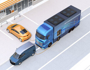 Electric cars charging at roadside from a power supply truck. Mobile charging station concept. 3D rendering image.