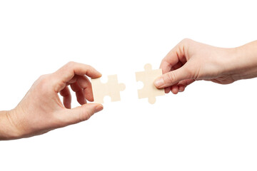 Hands connect puzzles on a white background. Unity and joint problem solving. Successful strategy,...