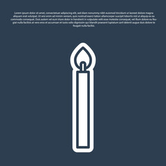 Blue line Burning candle icon isolated on blue background. Cylindrical candle stick with burning flame. Vector.