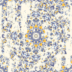 Seamless vintage pattern with an effect of attrition. Patchwork tiles. Hand drawn seamless abstract pattern from tiles. Azulejos tiles patchwork. Portuguese and Spain decor.	 - 412471517