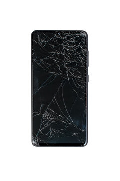 Black smartphone with broken display isolated on white background.
