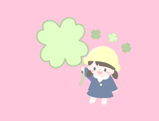 大きな四つ葉のクローバーを持ったかわいい幼稚園児の春の手描き風イラスト
