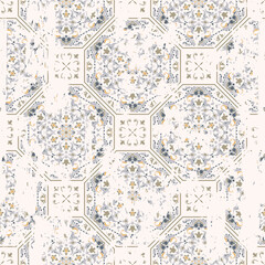 Seamless vintage pattern with an effect of attrition. Patchwork tiles. Hand drawn seamless abstract pattern from tiles. Azulejos tiles patchwork. Portuguese and Spain decor.	 - 412471753