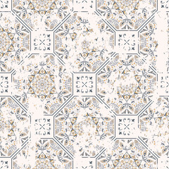 Seamless vintage pattern with an effect of attrition. Patchwork tiles. Hand drawn seamless abstract pattern from tiles. Azulejos tiles patchwork. Portuguese and Spain decor.	 - 412471767