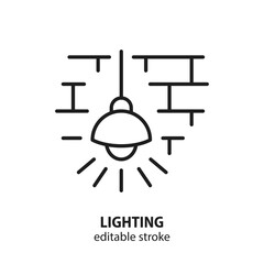 Chandelier line icon. Lamp on a brick wall background. Editable stroke. Vector illustration.