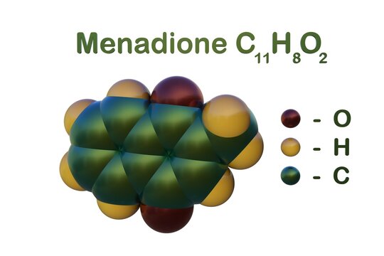 Structural chemical formula and molecular model of menadione, a fat-soluble vitamin precursor that promotes the hepatic biosynthesis of blood clotting factors. 3d illustration