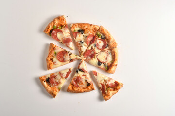 Pizza with cheese isolated on white background. Pizza top view.
