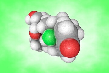 Molecular model of dexamethasone. Atoms are represented as spheres with color coding: carbon (grey), oxygen (red), hydrogen (white), fluorine (green). Scientific background. 3d illustration