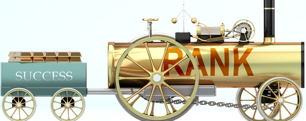 Rank and success - symbolized by a retro steam car with word Rank pulling a success wagon loaded with gold bars to show that Rank is essential for prosperity and success in life, 3d illustration