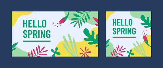 Hello spring concept. Web banners templates with floral elements and abstract shapes in bright colors.