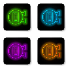 Glowing neon line Phone repair service icon isolated on white background. Adjusting, service, setting, maintenance, repair, fixing. Black square button. Vector.