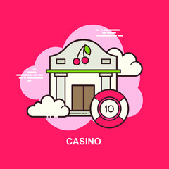 casino with building and coins flat concept design with red background