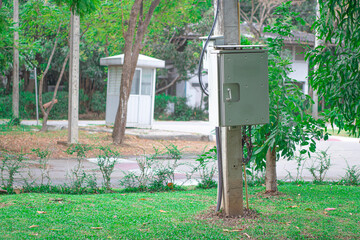 Outdoor electric control cabinet installed with small electric pole for controller the electrical...