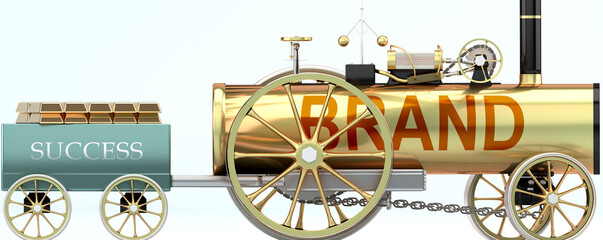 Brand and success - symbolized by a retro steam car with word Brand pulling a success wagon loaded with gold bars to show that Brand is essential for prosperity and success in life, 3d illustration