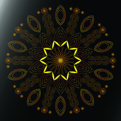 Gold and Black Mandala, Dreamy gradient wallpaper with mandala pattern. Vector background Tibetal and Indian take for yoga, meditation poster.
