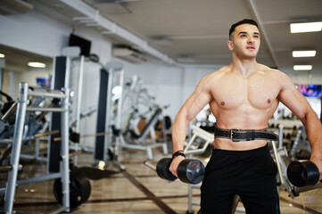 Obraz na płótnie Canvas Muscular arab man training in with dumbbells modern gym. Fitness arabian men with naked torso doing workout .