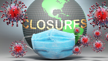 Closures and covid - Earth globe protected with a blue mask against attacking corona viruses to show the relation between Closures and current events, 3d illustration