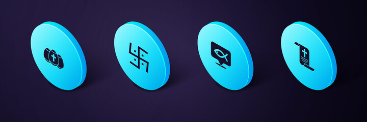 Set Isometric Decree, paper, parchment, scroll, Christian fish, Hindu swastika and Easter egg icon. Vector.