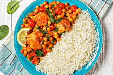 Chicken and chickpea curry with rice, top view