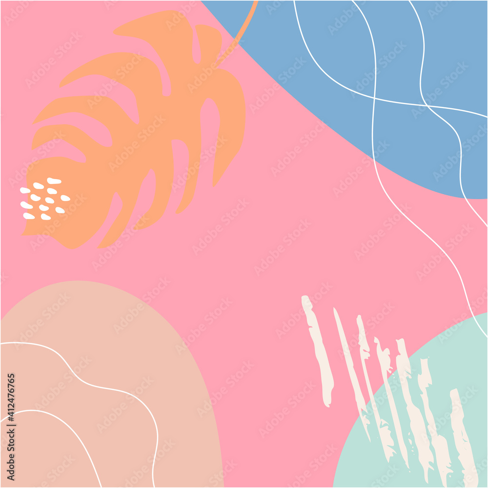 Poster abstract tropical background vector with palm leaf and shapes, lines and doodles in pastel colors
