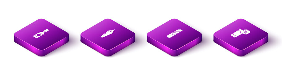 Set Isometric Tabasco sauce, Hot chili pepper pod, Cigar and Tequila glass with lemon icon. Vector.