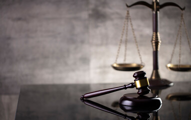 Law and justice concept. Law symbols composition: judge’s gavel and scale.
