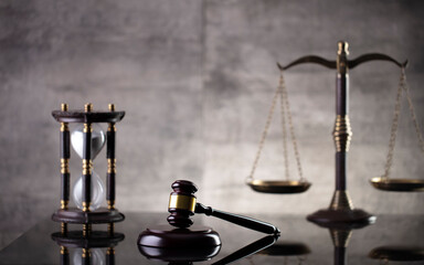 Law and justice concept. Law symbols composition: judge’s gavel and scale.
