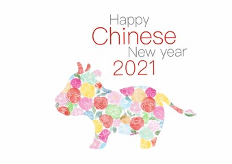 Happy Chinese New Year 2021 with cow of flower.