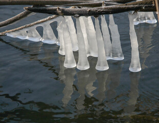 close-up of icicles over river water