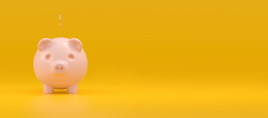 Happy Pink piggy Bank on a yellow background on the left there i