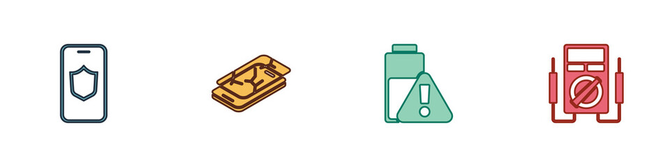 Set Mobile with shield, broken screen, Smartphone battery charge and Multimeter icon. Vector.