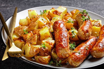 bangers and roasted potatoes on a plate