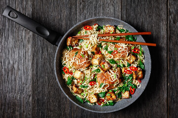 Sweet and sour tofu, chicken, and wok noodles