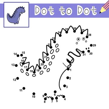 Connect the dots and draw a cute dinosaur. Dot to dot game with Tyrannosaurus Rex. Educational page for kids. Vector illustration