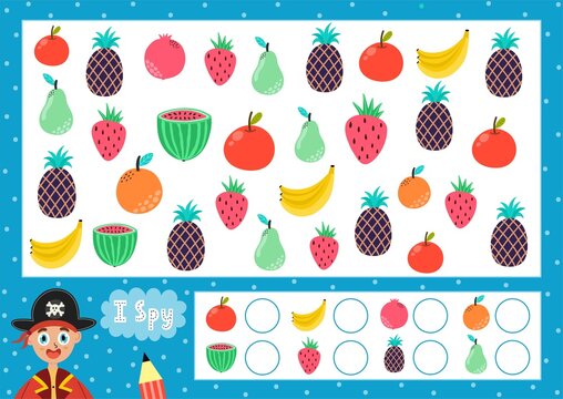 I spy game for kids. Find and count fruits. Search the same bird puzzle for children. How many elements are there. Vector illustration