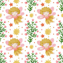 Watercolor seamless pattern fairy garden on a white background.