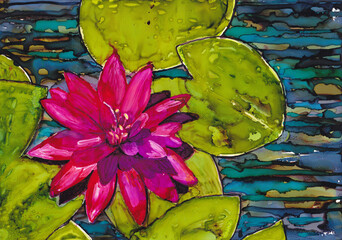 Water lilies in the pond, painting with alcohol inks