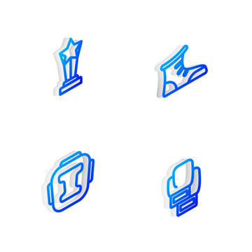 Set Isometric line Sport boxing shoes, Award cup, Boxing helmet and glove icon. Vector.