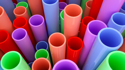 background from multi-colored plastic tubes. 3d render illustration